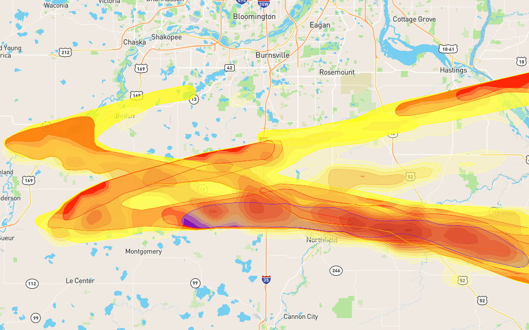 Map of Hail Damage to Roofing in Lonsdale, MN