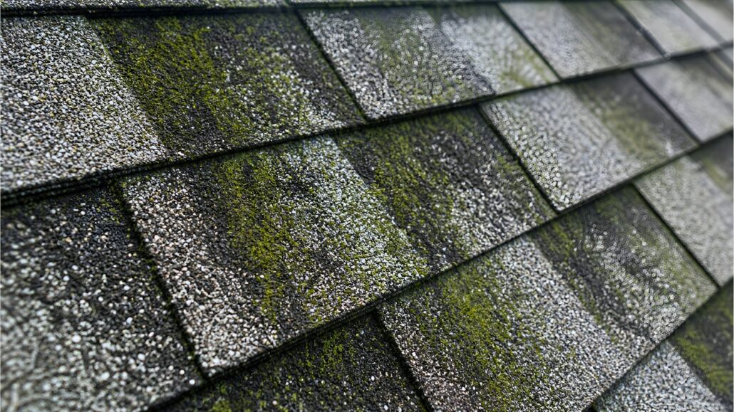 Close-up of gray asphalt roof shingles showing texture and wear