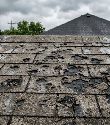 Damaged roof shingles with visible wear.
