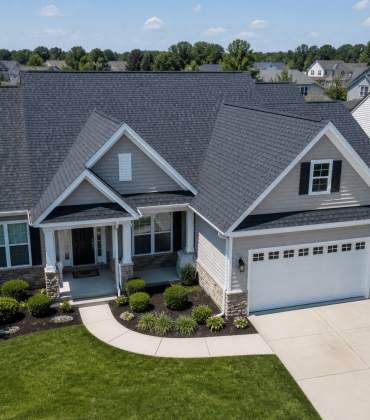 Clean, freshly installed GAF shingle roof on a suburban home — aerial or straight-on shot